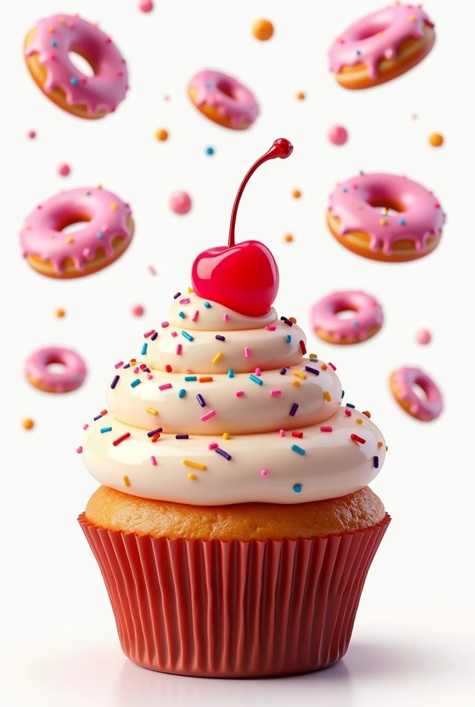 a cupcake with sprinkles and cherry on top 3d PNG with transparent background (make it look delicious and have donuts exploding in the background)