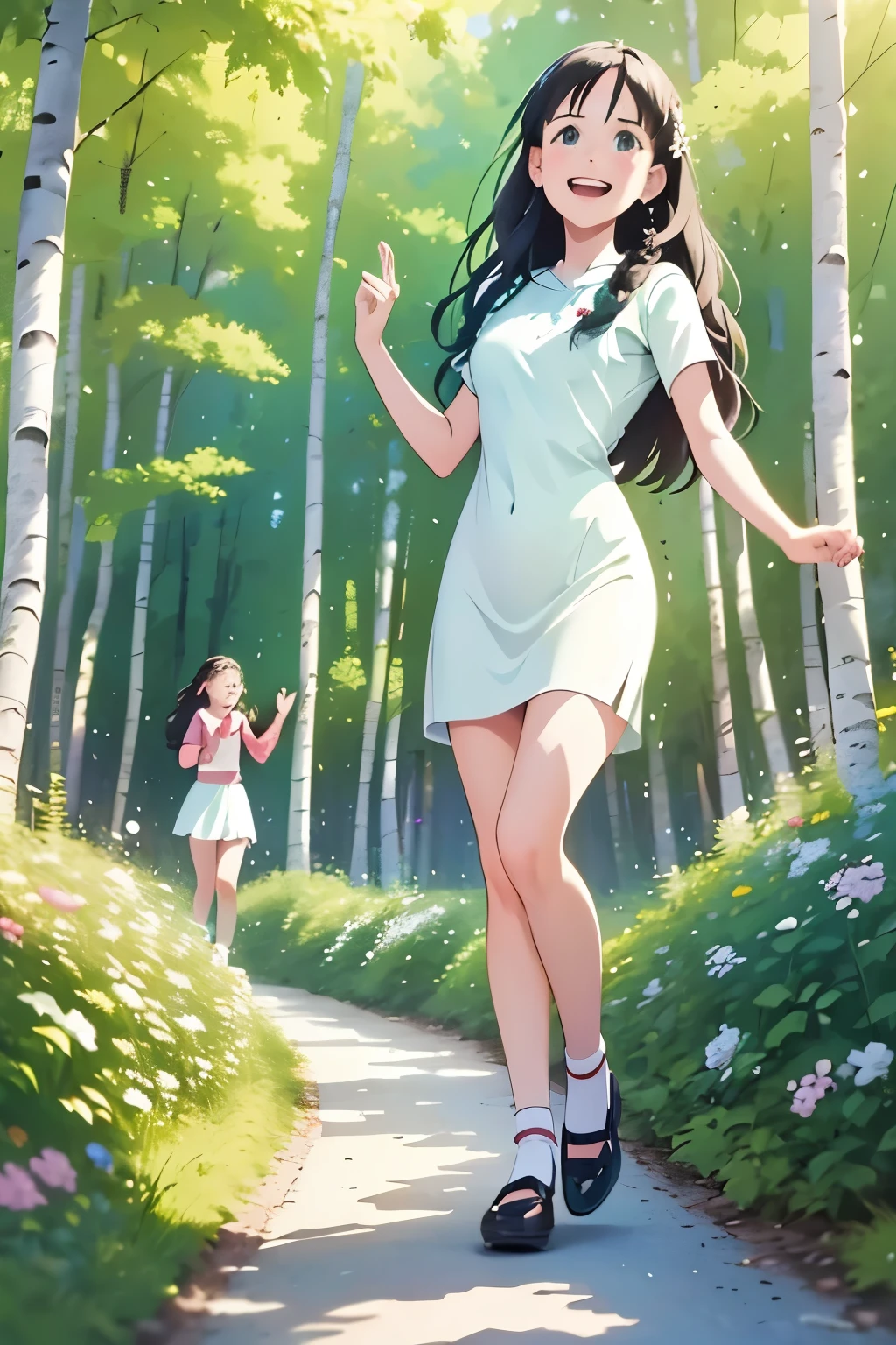 Mountain path, fir trees, birch trees, children playing, flowers, butterflies, flying birds, landscape, birds chirping, sunlight filtering through the trees, soft breeze, lush green foliage, sparkling water reflections, vibrant wildflowers, joyful laughter, carefree children's expressions, dynamic brushstrokes, mountain, harmonious composition.perfect face, perfect body, high definition hadr