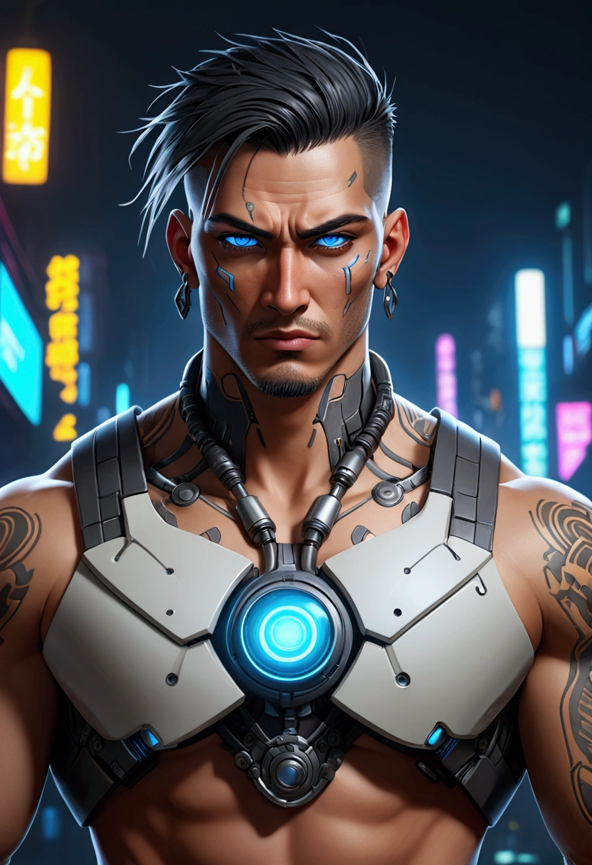 (best quality, Art, animation styling, Full of details), Upper body cut of a man with an Indian warrior feel, A man with a thick facial bone structure, A man with a thick neck and developed trapezius muscles, official anime art illustration, White person with blue eyes, Cartoon of a man wearing a mask on his face, protruding eyes, semi-realistic cyberpunk style, Portrait of a cyberpunk man, cyberpunk art ultrarealistic 8k, cyberpunk style , hyper realist, cyberpunk character, Trends in ArtStation, Complete movie character, Trends in ArtStation 4k, Cyberpunk Cyborg Upper Body, Realistic upper body like a movie, A perfectly realistic cyberpunk hero., inc썩음ibly detailed, 8k, Ultra HD, Art, best quality, very detailed, convoluted, Expressing the upper body, Show me your waist, Cyborg, a machine-to-human ratio, Chest area full of visible machine parts, Machine parts for abs too, All below the neck is mechanical, Attaching machine parts to the face, Strong light emission on waist belt, A brightly lit city background, dark colored machine, full body pose, whole body