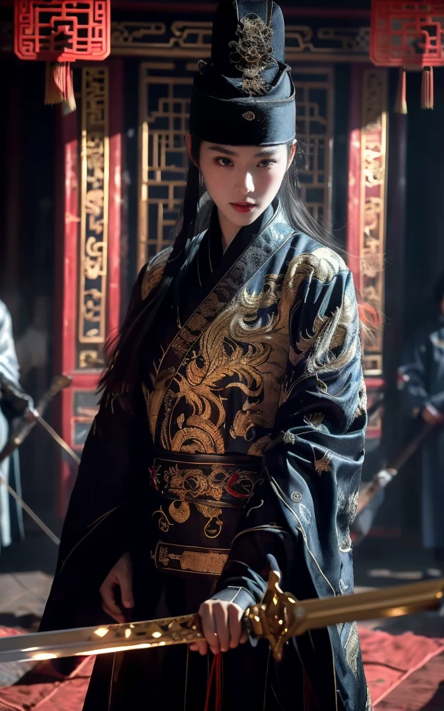 Ultra-high resolution，High-resolution details，reality，，Wearing embroidered Chinese clothing,Dynamic Angle,view,Practical,Luminescence,
Xueer Embroidered Guard Uniform,Royal Guards， have, Solitary,  Looking at the audience, Holding a sword, Black Hair, scar, Vague, scar on face, 1 female upper body，Solitary,Beautiful women,
