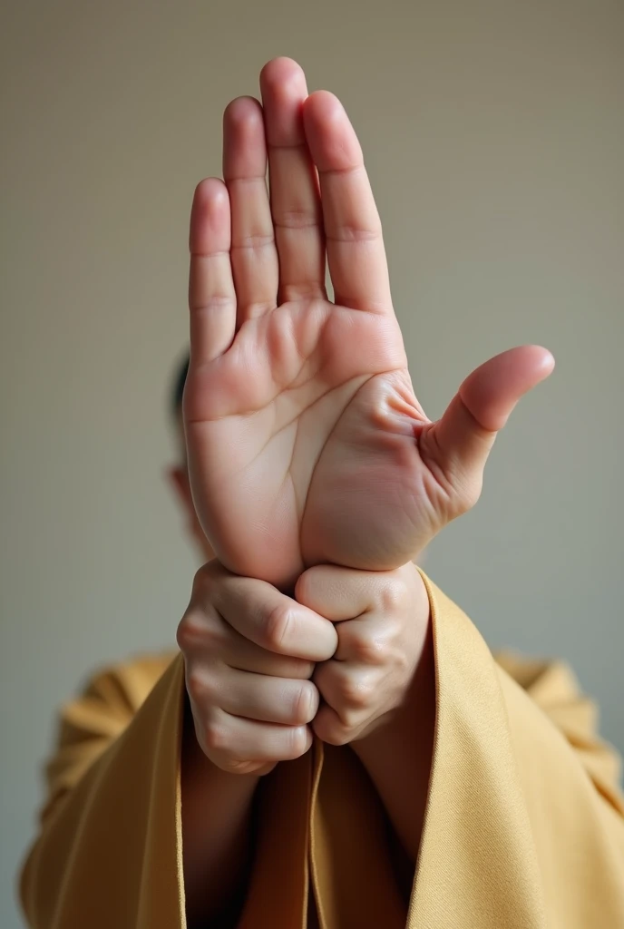 Hand positions forming traditional Chinese kung-fu greeting, left open hand over right fist.