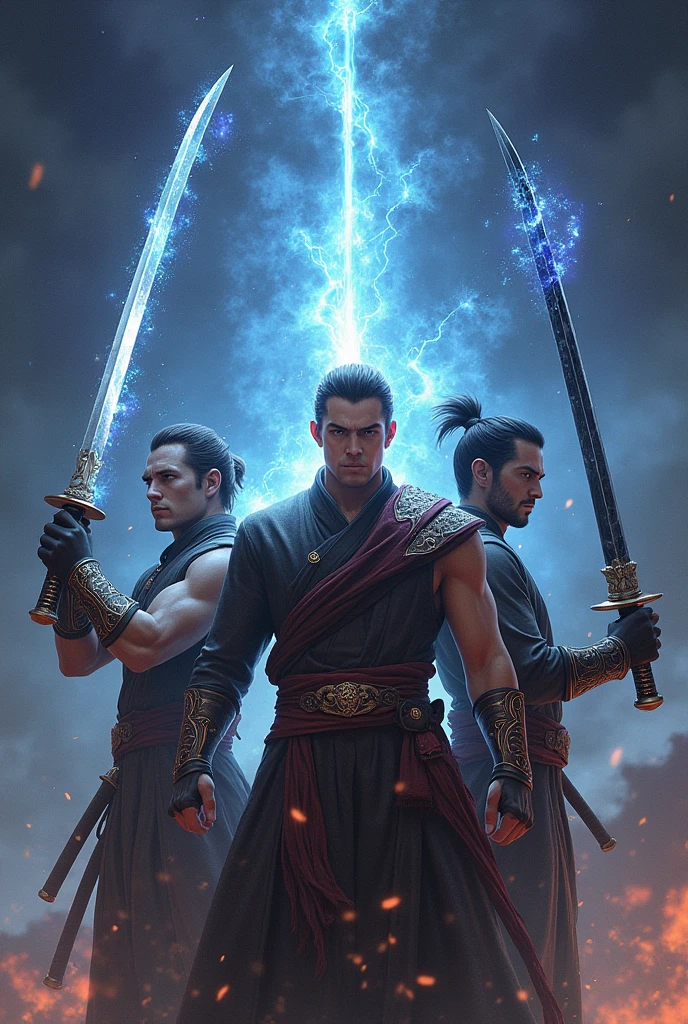 (The first man holds the Infinity Katana.) (The second man holds a Galaxy katana.) (ชายคนที่สามถือ the Void katana) (The fourth man holds a black hole katana.)