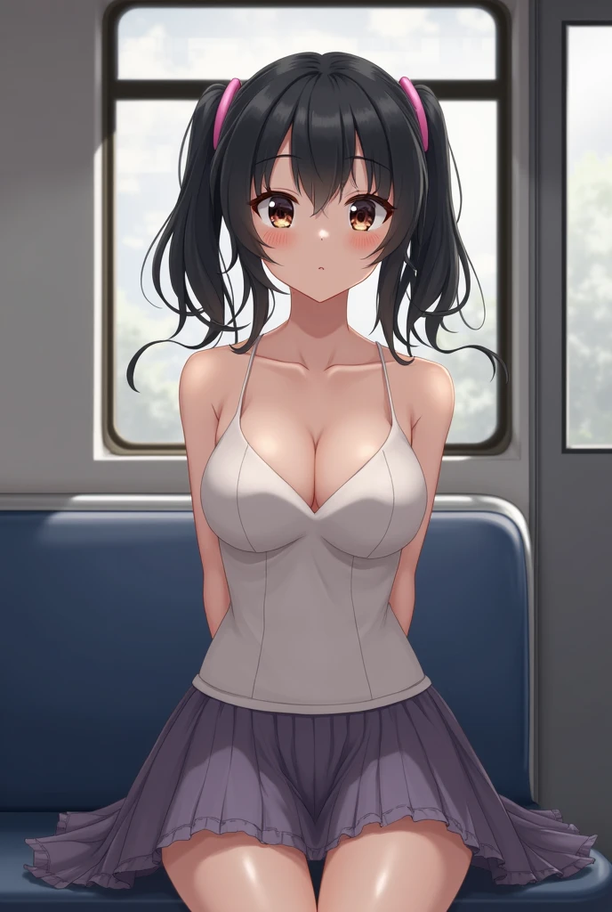 Mastepiece, Best Quality, 8k,Delicate beautiful girl、Best Quality，Delicate facial features，Dynamic Pose， NSFW， Two Girls， Black Hair， Twin tails， Small vibrant breasts，on the train， No bra， ,No panties, Pleated skirt， Spread your legs wide， In the crowd，Japanese,　12 years old,　In the middle of changing、topless,Small Tits、Puffy、Put your hands behind your back