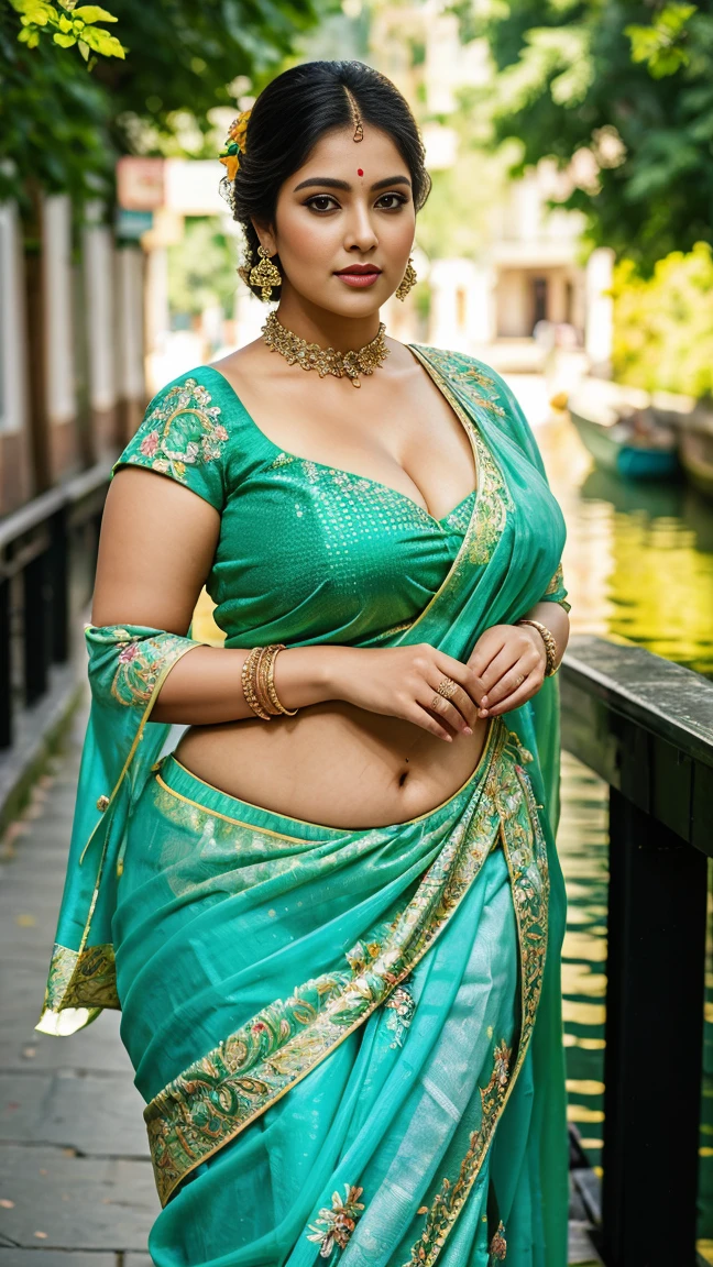 (((Solo Girl)))perfect eyes, fantastic face, Indian, (((beautiful sexy curvy chubby tall Plus size bbw supermodel look Indian Fat 40 Years Old Woman))), ((light lips, bright eyes, curve heir 1.5)), (((beautiful details very huge breast ))), (Straight round and ultra huge clevage, not sagging breast), A glorious gorgeous, glorious gorgeous face, pretty face, bright eyes, (detailed different Bright Colourful elegant Saree with Designs and sleeves), updo elegant hair, blurred gray tones background, ultra focus, face ilumined, face detailed, 8k resolution, painted, dry brush, brush strokes, razumov style and garmash style, by Tokaito, （fluorescent colours：1.4），（semi transparent：1.4），（retro filters：1.4），（fanciful：1.4）， Soft Fluffy Soft Landscape Light Soft Whimsical Light Flower Filled Canal Background Ultra Realistic Ultra High Quality Cinematic Lighting Huge Details Full HD Painting Plenty of light，diagonal bangs， ((Green Colorful Saree dress with collar))，side masterpiece， best qualityer，realskin，（sportrait：1.5）， 1girll， bluntbangs， (long wavy hair)， ((Flower Filled Canal)),   ((((Huge Chubby Fatty Body)))),   (((Portrait Photo))), ((((Half Open Breast Cloth)))), (((Dress decorate with Voile, Textile Designs))), (((Huge Boobs))), (((Sexy Straight Standing Pose)))