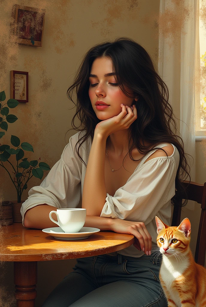 Ink splashes, image of beautiful poetess girl 25 Y.O. Sitting on table with cup of coffee and cat is sitting beside the table and background is a poetry room in which the girl is sitting, on kraft paper in the technique of aerosol painting, ink, high resolution. the whole scene should be visible, like full table