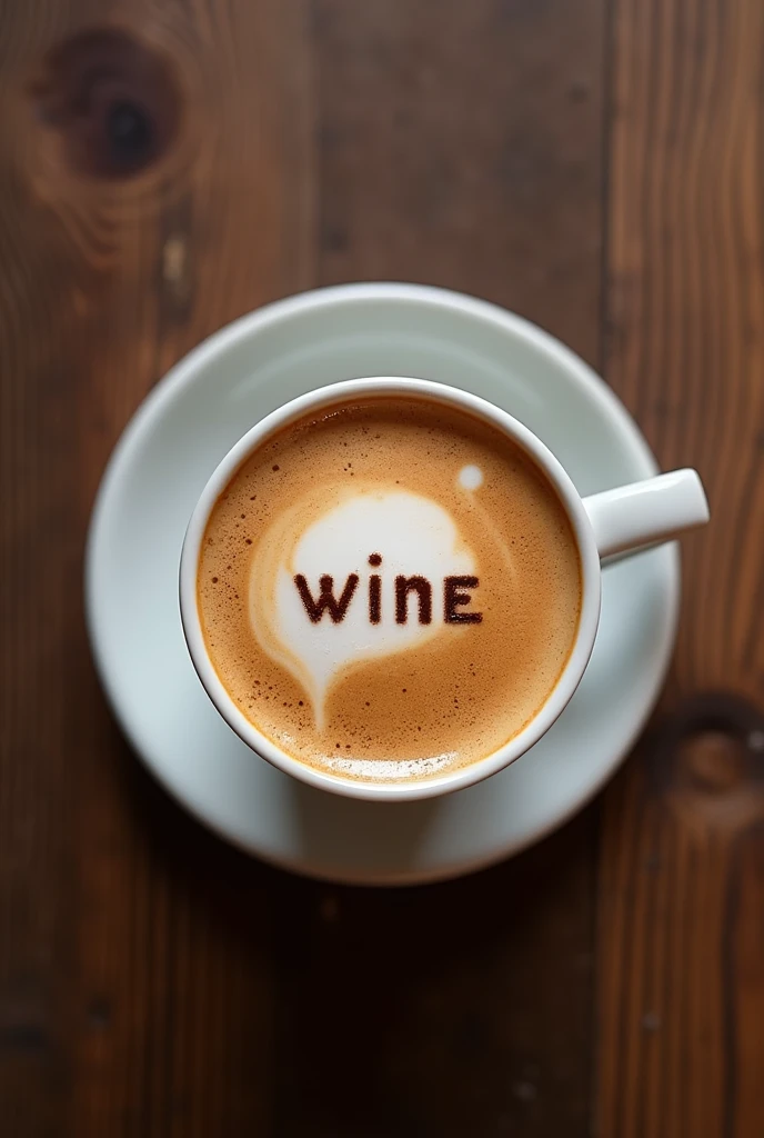 A cup of cappuccino coffee, with the letters "wine"