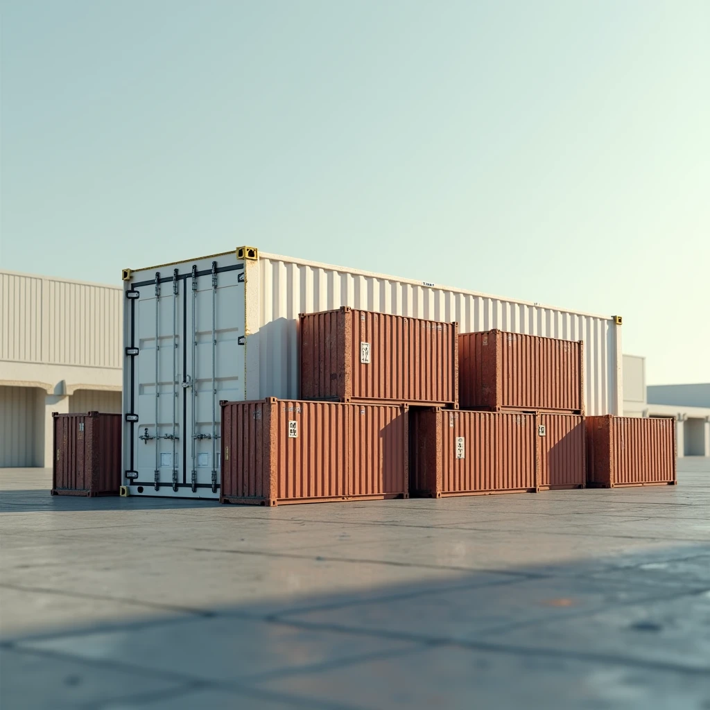 Hyper realistic image of 10 cargo boxes arranged near a white container viewed from afar on ground level