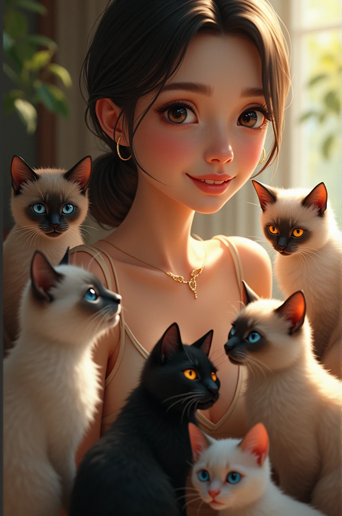 I want a girl with her 7 kittens. Only 1 cat is black with orange eyes and the remaining 6 cats are Siamese with blue eyes. The girl is a lady with skin that is neither too light nor too dark.