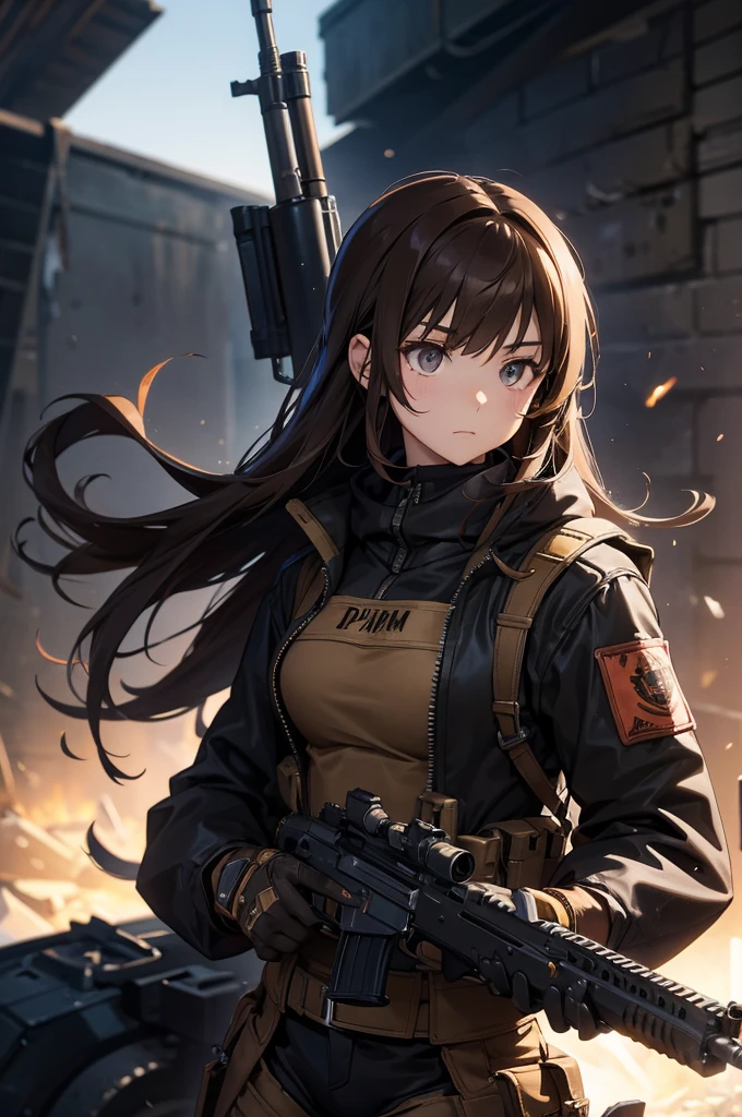 In the spotlight, holding_gun, assault_rifle, Very detailed, Brown Hair, Long Hair, Anime Style, whole body, alone, Stylish Gunfighter Girl, Holding a steampunk long barrel pistol,Standing in the wasteland, 8K high resolution, White Background, The background is a dark and desolate landscape, Horror movie atmosphere. Her figure is very beautiful, Emphasizing the dark and crazy elements. Skillfully expressing the effects of light and shadow, Anime girls with guns and rifles, from Girls&#39; Frontline, mechanized soldier girl, Girls&#39; Frontline style