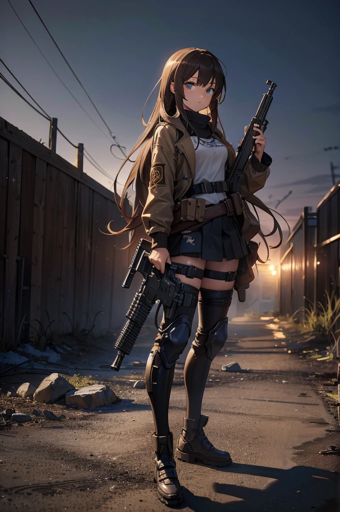 In the spotlight, holding_gun, assault_rifle, Very detailed, Brown Hair, Long Hair, Anime Style, whole body, alone, Stylish Gunfighter Girl, Holding a steampunk long barrel pistol,Standing in the wasteland, 8K high resolution, White Background, The background is a dark and desolate landscape, Horror movie atmosphere. Her figure is very beautiful, Emphasizing the dark and crazy elements. Skillfully expressing the effects of light and shadow, Anime girls with guns and rifles, from Girls&#39; Frontline, mechanized soldier girl, Girls&#39; Frontline style