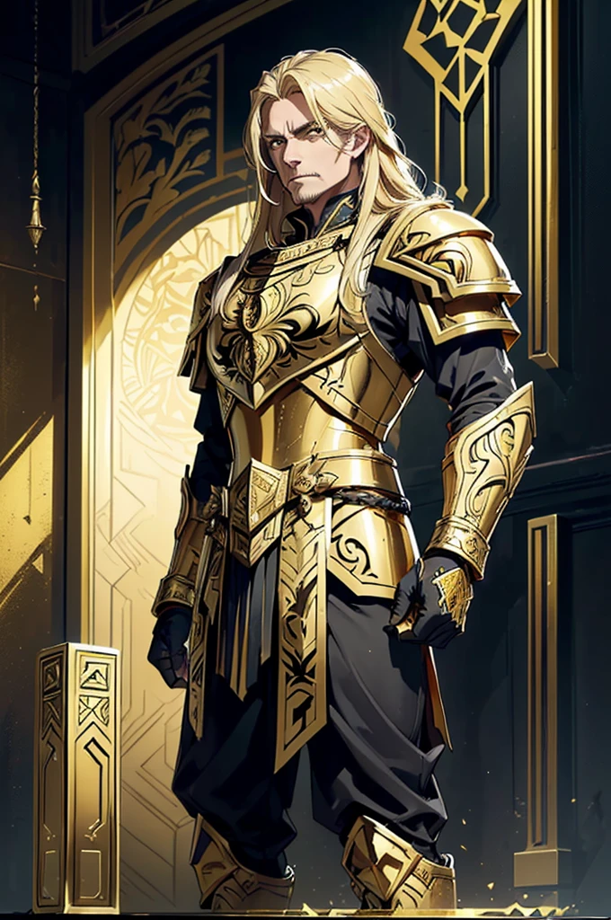 (((Artwork, best quality), one men, standing alone, older looking, strong with gold and black armor using war hammer with gold carvings, long blonde hair, Dark yellow eyes