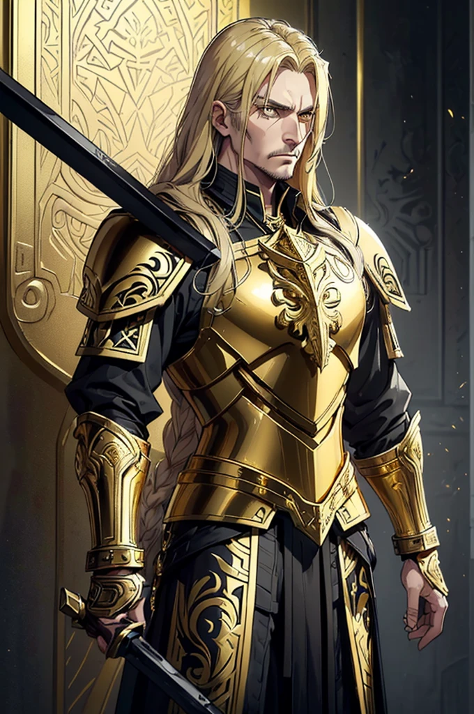 (((Artwork, best quality), one men, standing alone, older looking, strong with gold and black armor using war hammer with gold carvings, long blonde hair, Dark yellow eyes