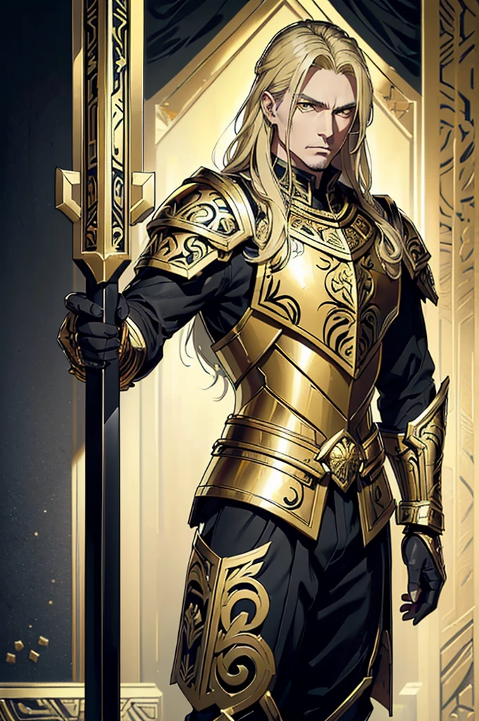 (((Artwork, best quality), one men, standing alone, older looking, strong with gold and black armor using war hammer with gold carvings, long blonde hair, Dark yellow eyes
