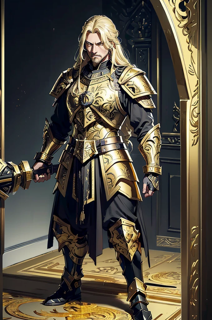 (((Artwork, best quality), one men, standing alone, older looking, strong with gold and black armor using war hammer with gold carvings, long blonde hair, Dark yellow eyes
