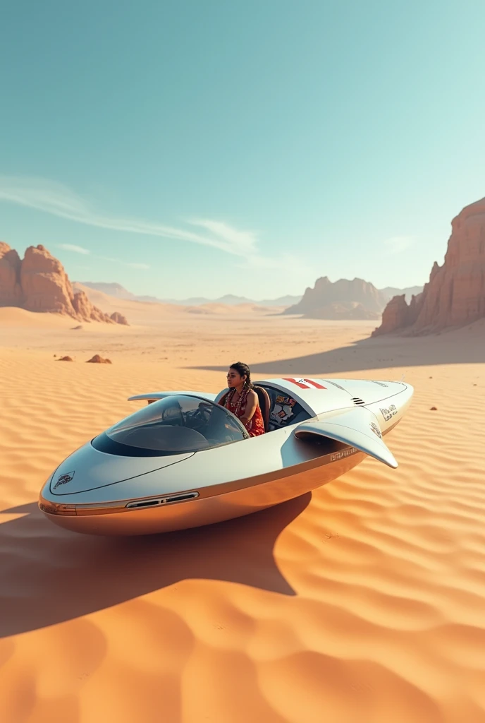 Image of a dove-shaped vehicle, driven by an indigenous person, in a desert landscape with sand dunes and clear skies, and with the flag of Peru on the roof. 