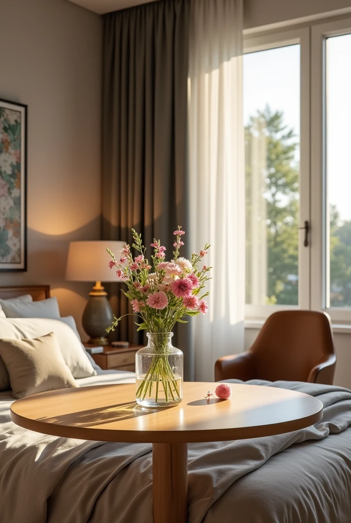 Table with flowers in bedroom, masterpiece, (realistic, photo-realistic:1.37), (masterpiece), best quality, bedroom