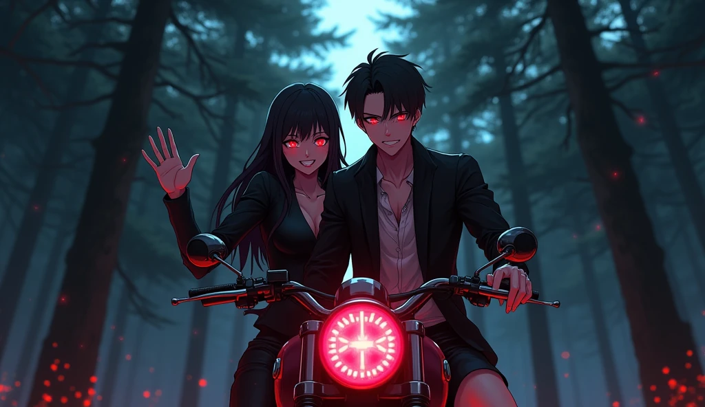 vampire anime guy and gir lwith glowing red eyes,sharp teeth, wearing black jacket and shorts riding a motorcycle together in a dark pine forest close up(waving at the viewer)