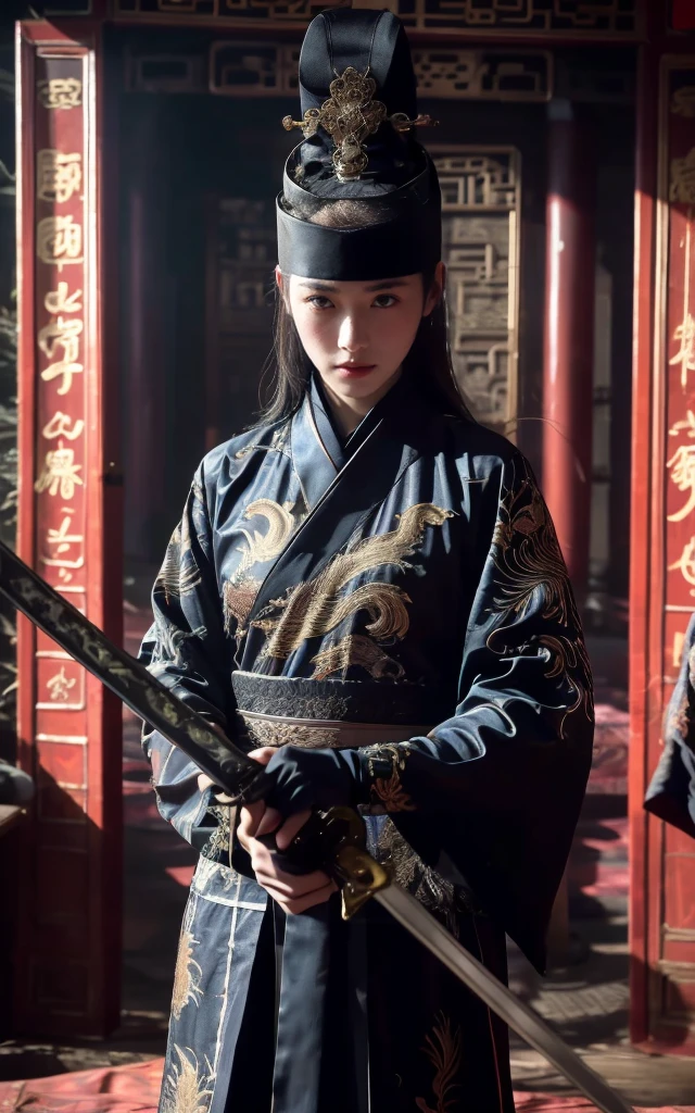 Ultra-high resolution，High-resolution details，reality，，Wearing embroidered Chinese clothing,Dynamic Angle,view,Practical,Luminescence,
Xueer Embroidered Guard Uniform,Royal Guards， have, Solitary,  Looking at the audience, Holding a sword, Black Hair, scar, Vague, scar on face, 1 female upper body，Solitary,Beautiful women,
