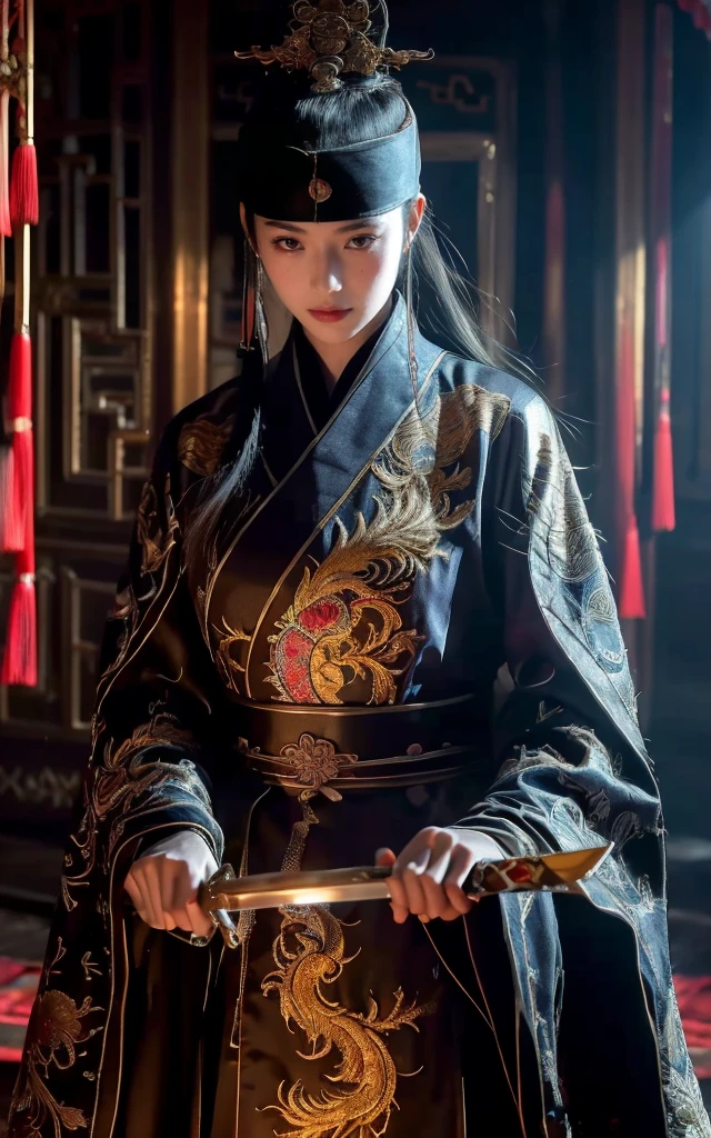 Ultra-high resolution，High-resolution details，reality，，Wearing embroidered Chinese clothing,Dynamic Angle,view,Practical,Luminescence,
Xueer Embroidered Guard Uniform,Royal Guards， have, Solitary,  Looking at the audience, Holding a sword, Black Hair, scar, Vague, scar on face, 1 female upper body，Solitary,Beautiful women,
