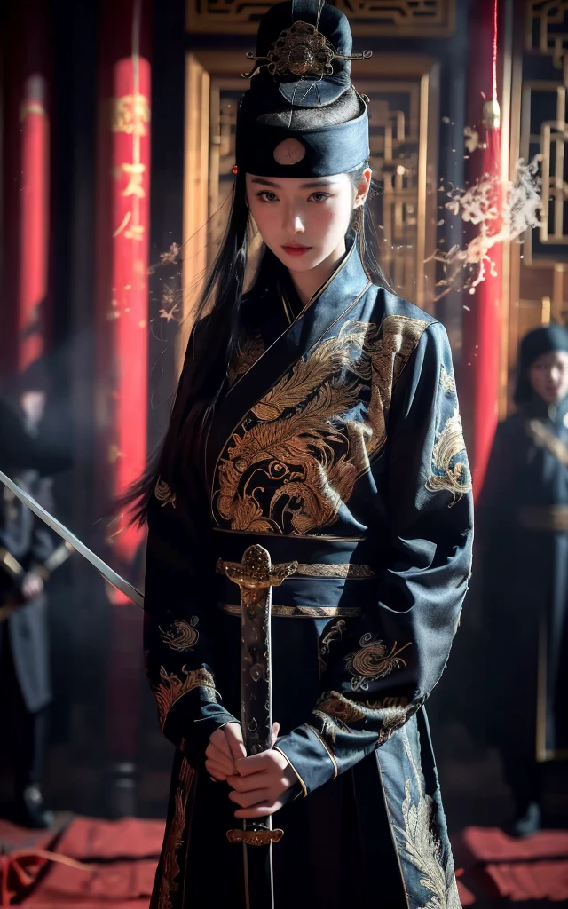 Ultra-high resolution，High-resolution details，reality，，Wearing embroidered Chinese clothing,Dynamic Angle,view,Practical,Luminescence,
Xueer Embroidered Guard Uniform,Royal Guards， have, Solitary,  Looking at the audience, Holding a sword, Black Hair, scar, Vague, scar on face, 1 female upper body，Solitary,Beautiful women,
