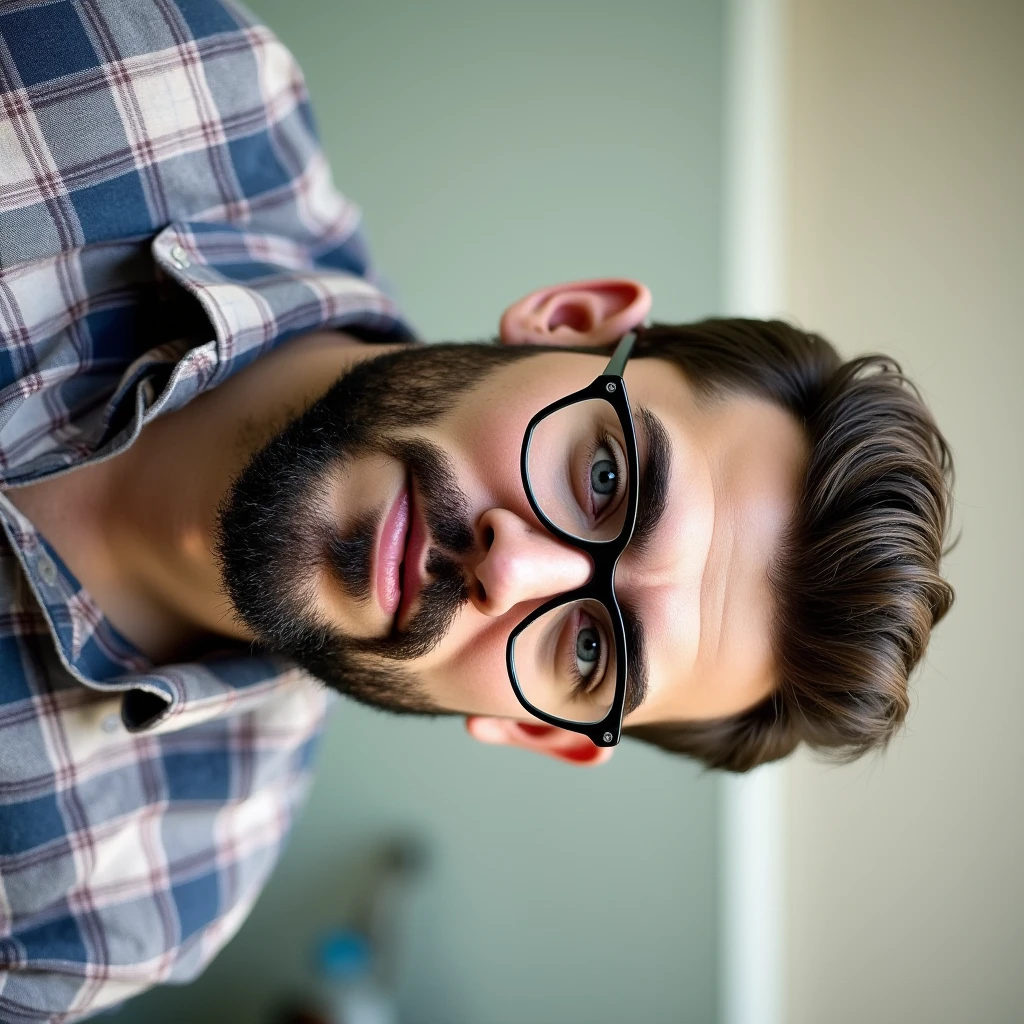 Dark-haired man with glasses, beard and checkered shirt in high quality 