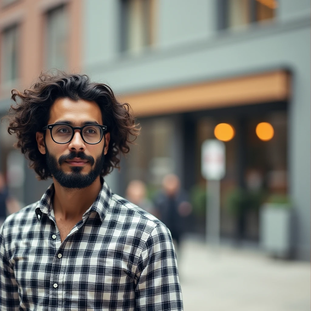 Dark-haired man with glasses, beard and checkered shirt in high quality 