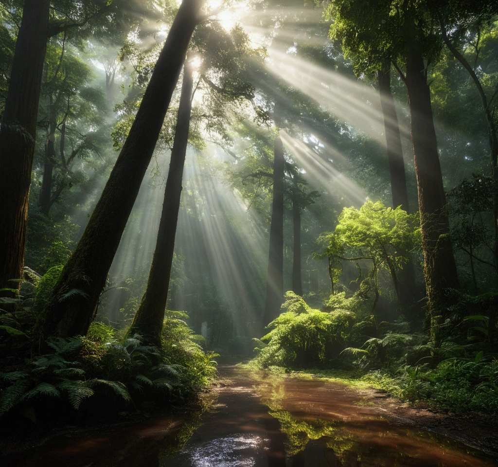 Forest with giant trees, Lots of vegetation, fog, fire Fly, rain, puddle, Ray Tracing, God&#39;s Rays, Shining Light, reflected light, realism, ハイパーrealism, Nikon, Canon, 16K, High resolution, 最high quality, Awards, high quality, Super Detail, Attention to detail, masterpiece