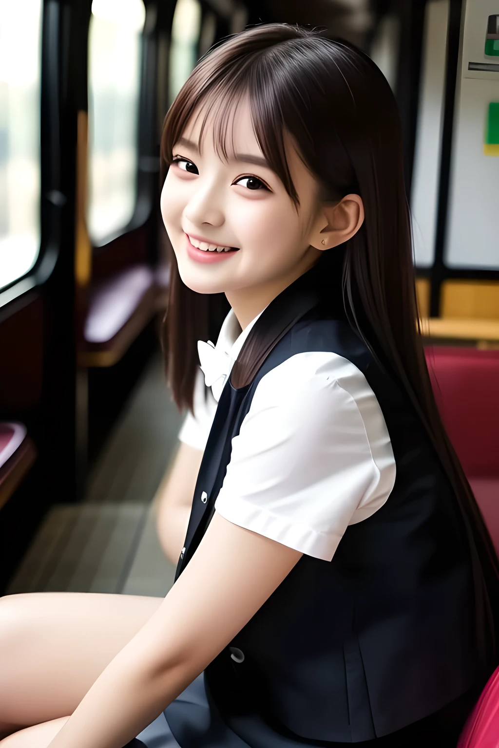 (highest quality, masterpiece, high resolution:1.2), 4K, (Photo quality detailed face: 1.2), (Giorgione painting style: 0.8), geometry, ( yo cute girly Japanese girl is seated and looking me up in a train: 1.0), Laughing cutely, (neat girly white short-sleeves school blouse: 1.0), (puffed short sleeves: 1.0), (Dark red glossy school ribbon on the breast: 1.0), (Gray Japanese school girly vest Uniform: 1.2), (Extremely laughing cheeks: 1.0), (Beautiful light-amber cute-dolly large clear eyes with detailed cutely: 1.4), (Long bottom eyelashes: 1.2), (Expressing the greatest joy with her whole body: 1.2), (Glossy lips: 1.0), (Super-straight super-long hair: 1.5), (cute earrings), (white and clear skin: 1.0), (Laughing 8yo smiling super-cute eyes with detailed: 1.0), (Placing her beautiful white hands together like praying: 0.9), (Promoting Shampoo: 1.2)