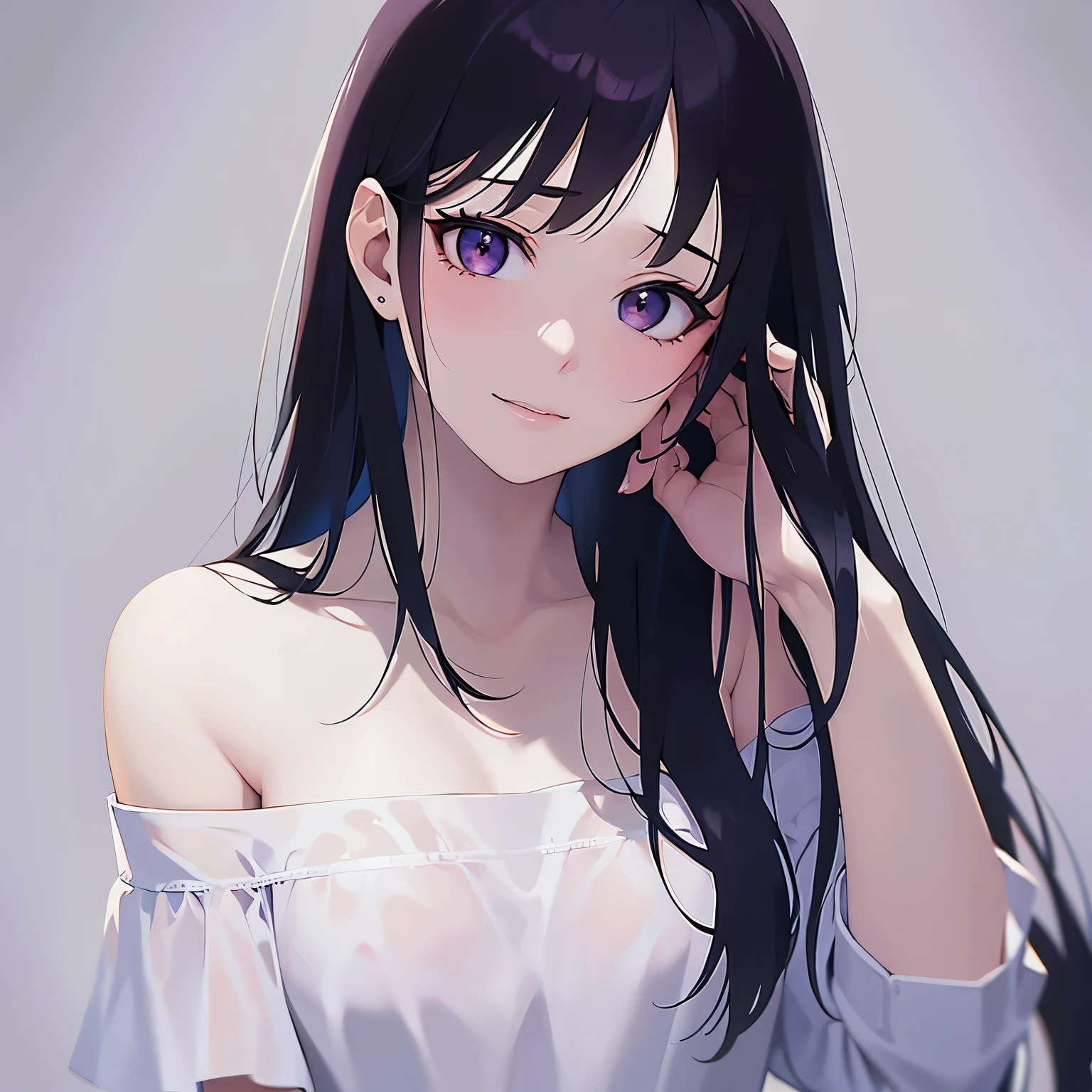 head tilt, hand on own face, Upper Body, Realistic, real person, (pale skin: 1.2), RAW photo, photorealistic, shiny skin, shiny hair、(A 25-year-old woman with straight hair and bangs) and (medium hair) and (black hair) and (purple eyes) , (white) and (off shoulder blouse) 、(embarrassed:1.5), smile, white background、Alone、