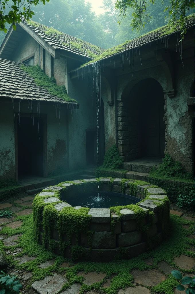 A dark, ancient well in the center of a rural Indian village. The well is overgrown with moss and vines, surrounded by crumbling stones. The atmosphere is eerie, with shadows casting a haunting presence.