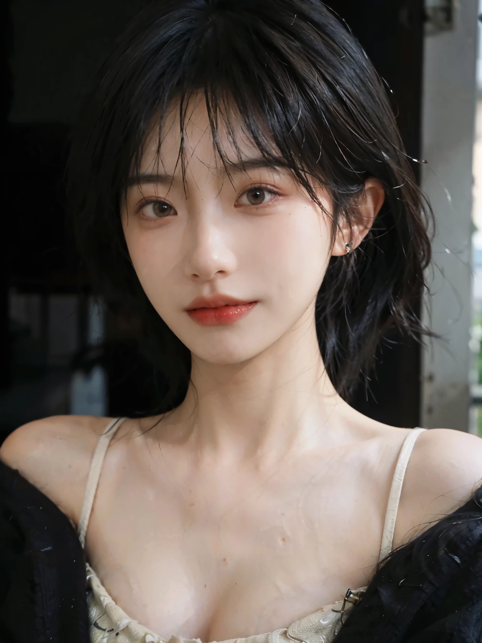 (Skin details:1.4), (smooth skin textures:1.3), (Upper body:1.4),(Upper Body:1.3)Lipstick, background, earrings, serene, calm, (Realistic and detailed eyes:1.2), Natural skin texture, Realistic facial details, Soft dramatic lighting, Vivid details, 35 mm film, outdoor, (Photo Practical:1.4), (hyper Practical:1.4), (Practical:1.3), (Smoother lighting:1.05), (Improve lighting quality:0.9), (Highest quality real skin textures:1.4), Exquisite eyes, Delicate face, Close-up of face, (Enhance the beauty of skin texture:1.1), Hair details,(Large Breasts:1.3)normal body ratio, short hair, Moles under the eyes, A faint smile,Portrait Photography, Depth of Field, Bokeh, Surrealism, Ray Tracing, (Portrait Photography:1.1), Surrealism, High Detail, Chiaroscuro, Ray Tracing, reflected light, Ultra HD, Ultra HD, masterpiece, Textured Skin, Super Detail, High Detail, high quality, best quality