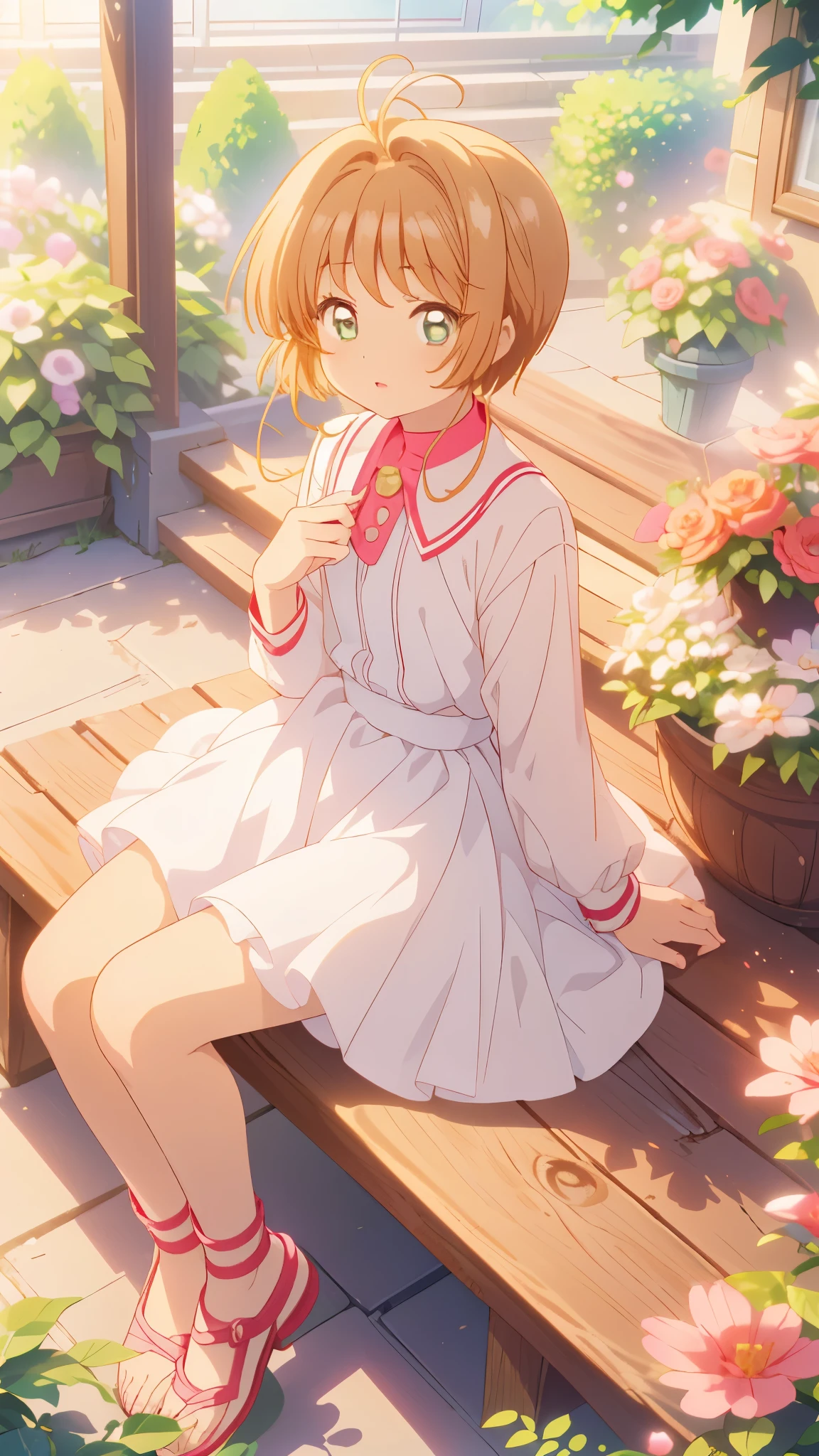 masterpiece, Highest quality, High resolution, One girl, Detailed face, blush, Anime CG style, (Medium chest), (18-year-old girl:1.3), (Old age), Good lighting, Perfect body, Sakura Kinomoto, Glossy Lips, View your viewers, garden, dress, Sitting, Heel