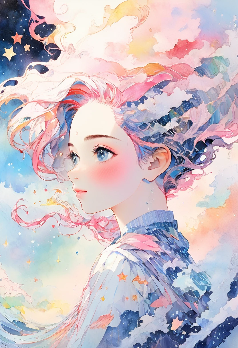 (masterpiece, Highest quality, Highest quality,watercolor (Moderate),Official Art, beautifully、aesthetic:1.2),(One girl:1.3), (Fractal Art:1.3),Upper Body, From the side, View your viewers,pattern,(Rainbow Hair,colorful hair,Half Blue、Half pink hair:1.2),water,liquid, cloud,colorful, Starry sky,performer,