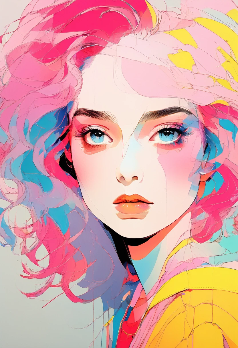 (Highest quality:1.2, City Pop Style, Very detailed, Latest, Vibrant, High Contrast, masterpiece:1.2, Highest quality, Best aesthetics), girl, ((Face Up Shot:1.4)), Colorful Hair, Bobcut, pastel colour, 1980s style, ((Retro, Vintage, Plain background))