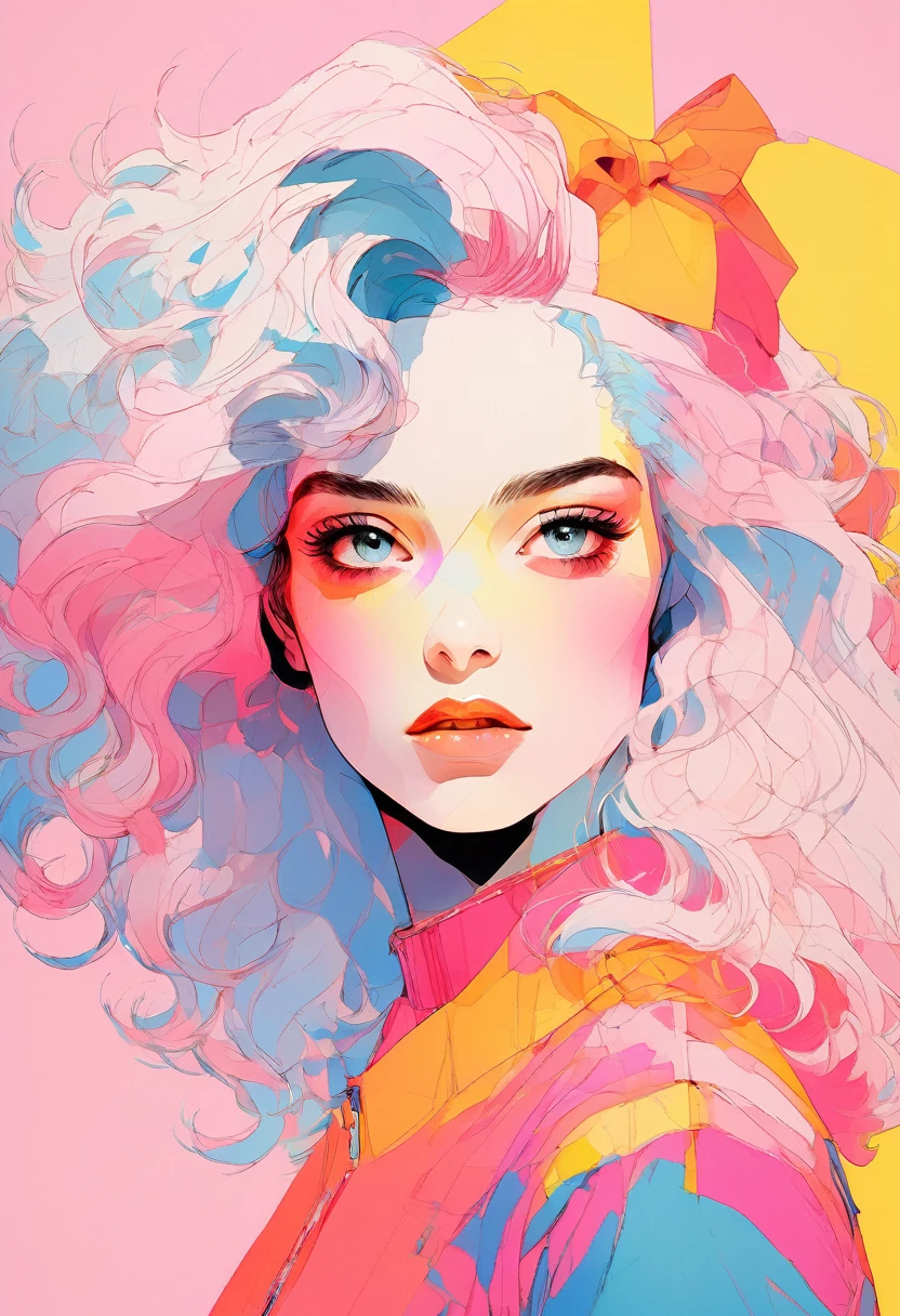 (Highest quality:1.2, City Pop Style, Very detailed, Latest, Vibrant, High Contrast, masterpiece:1.2, Highest quality, Best aesthetics), girl, ((Face Up Shot:1.4)), Colorful Hair, Bobcut, pastel colour, 1980s style, ((Retro, Vintage, Plain background))
