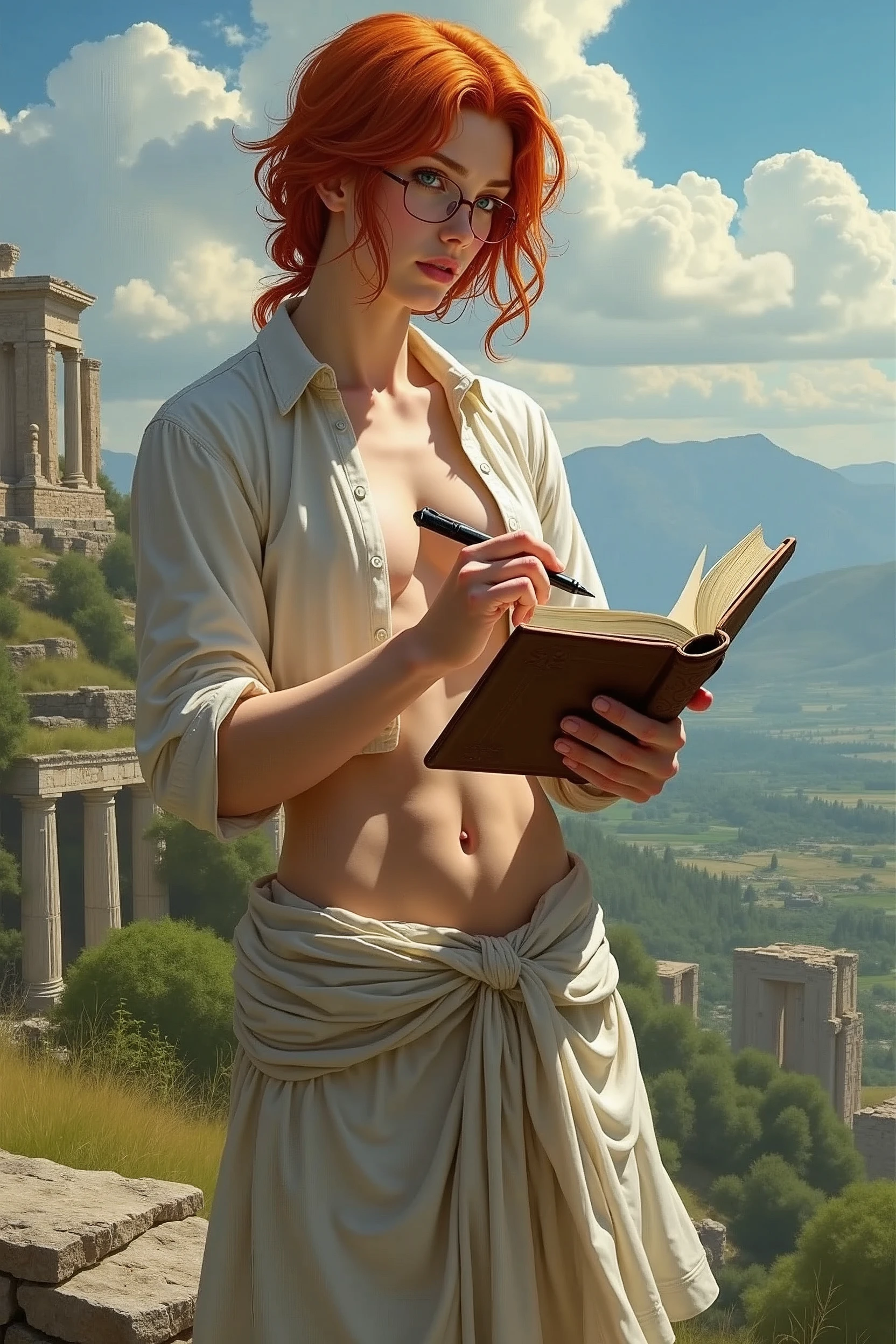 Creative, free, red hair, medium-sized chest, medium-sized hips, small hands, green eyes, fair skin, medium height, weight around 70, clear details and high, has a book and glasses in his hand, writes with a pen. The location is on a high hill, surrounded by ancient ruins, greenery, clear weather, sun shining. legs open, chest open