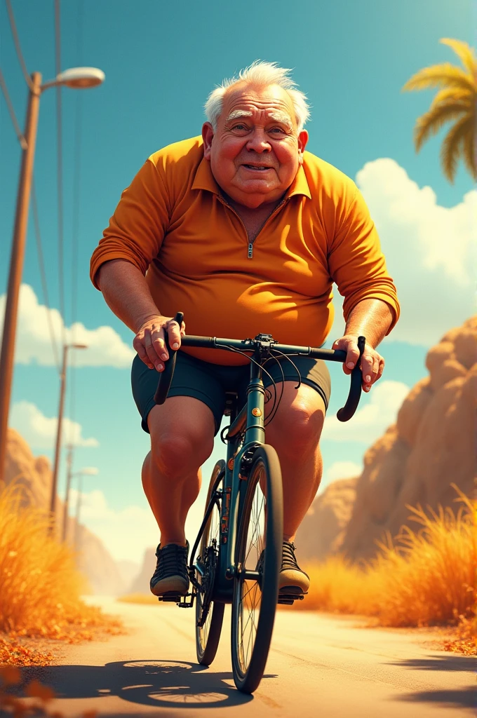 Generate a dirt road coming from the front, well wooded all around, um dia ensolarado, and a fat cyclist with a gummy smile and beads of sweat on his body on a mountain bike with a helmet and cycling clothes with a glass of beer and a skewer in his hand, he looked tired but with a smile on his face 
