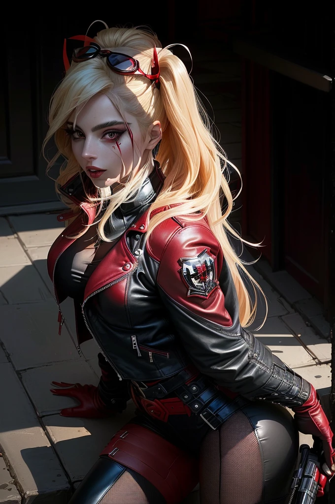 Wearing red leather jacket、Close-up of woman holding gun, lady gaga as Harley Quinn, black canary, elizabeth olsen as Harley Quinn, lady gaga is Harley Quinn, Harley Quinn, portrait Lady Gaga as Queen Halle, emma watson as black canary, red hood cosplay, margot robbie as Harley Quinn, of Harley Quinn