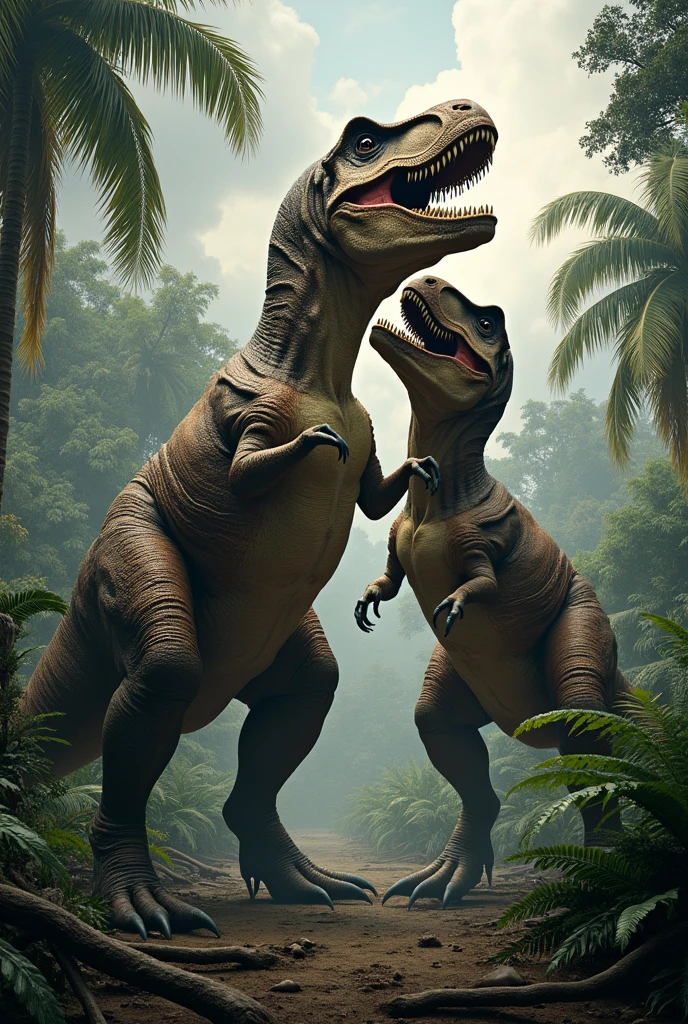 "A highly realistic and detailed scene of two Tyrannosaurus rex in a mating posture, set in a prehistoric jungle environment. The dinosaurs should be depicted with lifelike skin textures, visible muscles, and naturalistic coloring. The background should include dense vegetation, large ferns, and towering trees, with a dramatic sky adding depth to the scene. The overall atmosphere should evoke the raw, untamed nature of the Cretaceous period, emphasizing the power and majesty of these ancient creatures."