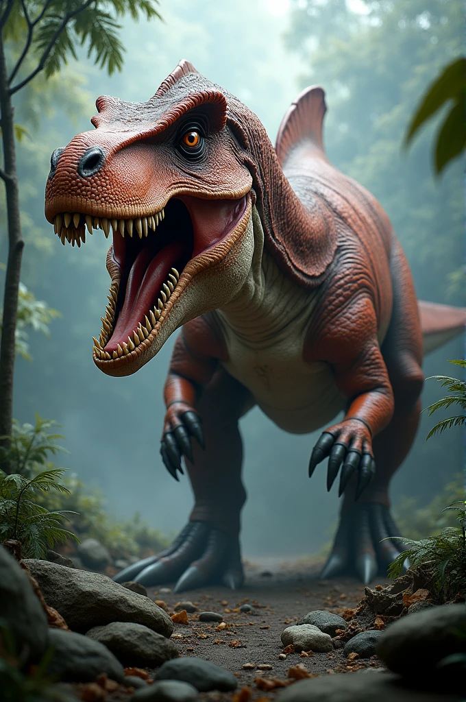 Create a highly realistic and dramatic image of a Carcharodontosaurus. The Carcharodontosaurus should be detailed with lifelike textures, reddish-brown scales, and a fierce expression with sharp teeth visible. The setting is a prehistoric jungle with dense vegetation and a misty atmosphere. The Carcharodontosaurus is in an action pose, showcasing its powerful muscles and large size. Dynamic lighting highlights its form and casts dramatic shadows. Include elements like rocks and trees to enhance the realism and depth of the scene.