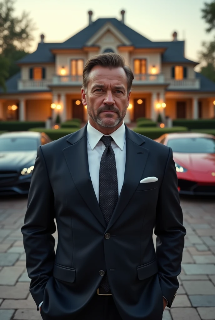 A billionaire man in a suit in front of his multimillion house and expensive cars