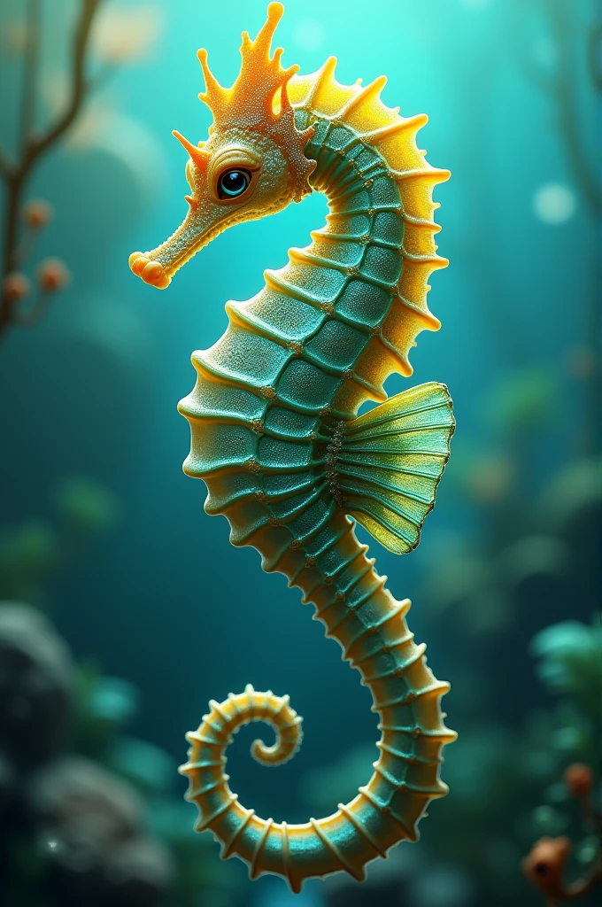 A turquoise seahorse, yellow,green and emerald,