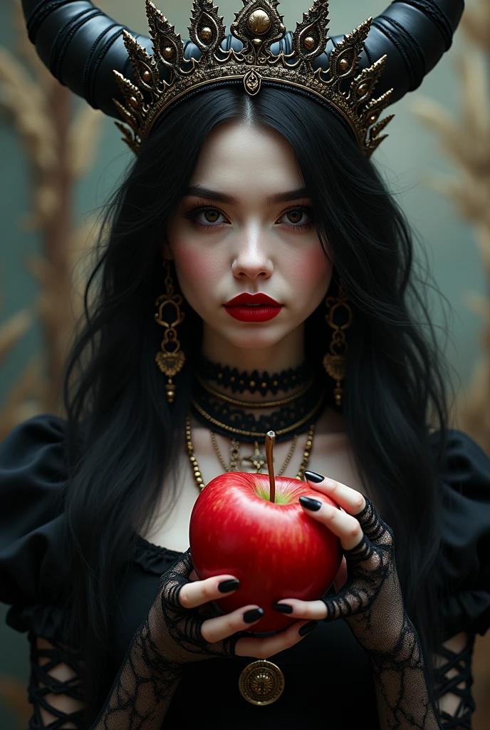 ((RAW Photo), absurd, (absurdresolution)), masterpiece, best quality, (Extremely detailed 8k unity CG wallpaper), (best illustration), (best shadow), Realistic lighting, beautiful detailed glow, ((21 years old)), girl, long black hair, black queen, accessories, apple in hand, poisoned apples, witch queen, red lipstick, (((Photographic Perspective of her)))