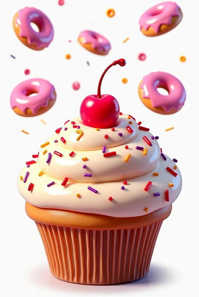 a cupcake with sprinkles and cherry on top 3D PNG with transparent background (make it look delicious and have donuts exploding in the background)