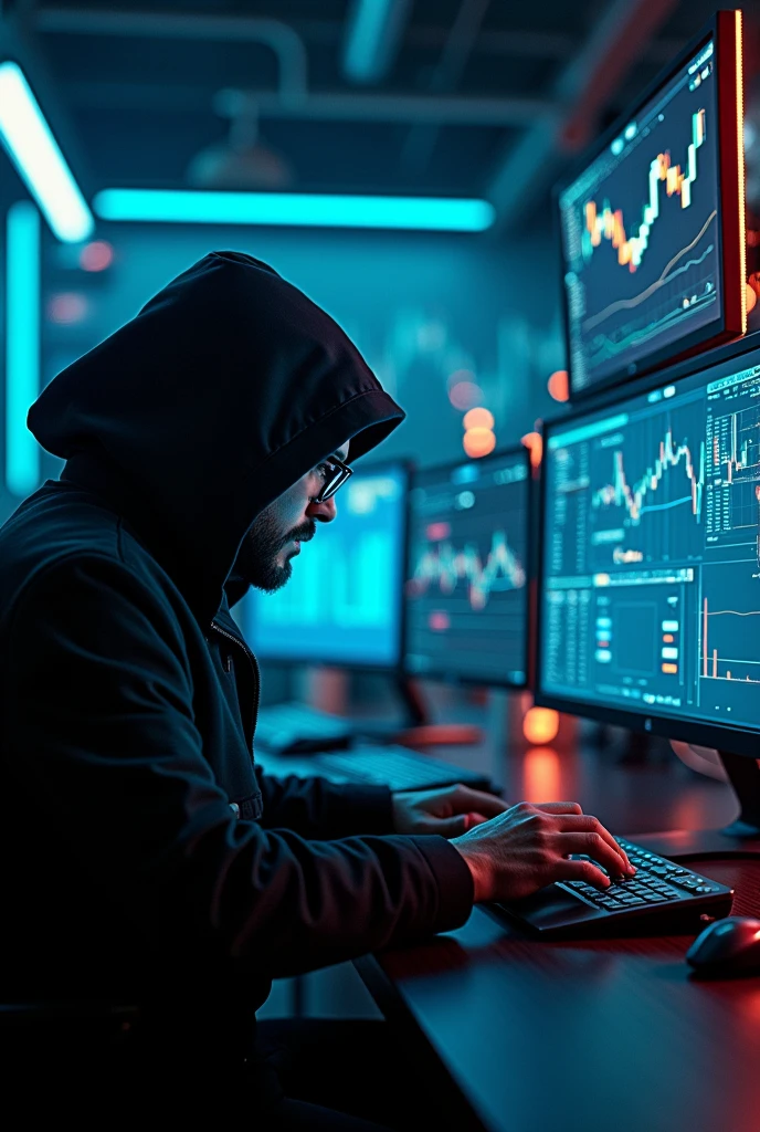Man dressed in black with glasses and a hood, with a computer making operations in the financial market ,in high quality