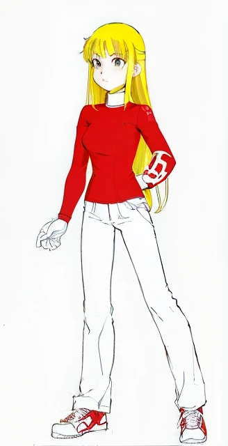 a drawing of a girl with a red shirt and white pants, wearing red and yellow clothes, digitally colored, inspired by Un'ichi Hiratsuka, spiderwoman!!!!!, spiderwoman!!, inspired by Hiromu Arakawa, inspired by Tsubasa Nakai, fire!! full body, wearing red and yellow hero suit, some red and yellow
