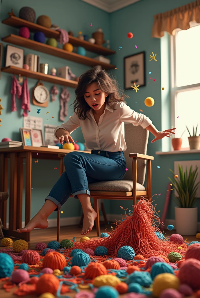Brunette woman on top of a chair picking up crochet threads from her stash and falling off the chair with so many threads in her hands and arms funny photo, She is separating orders for customers in her online store.