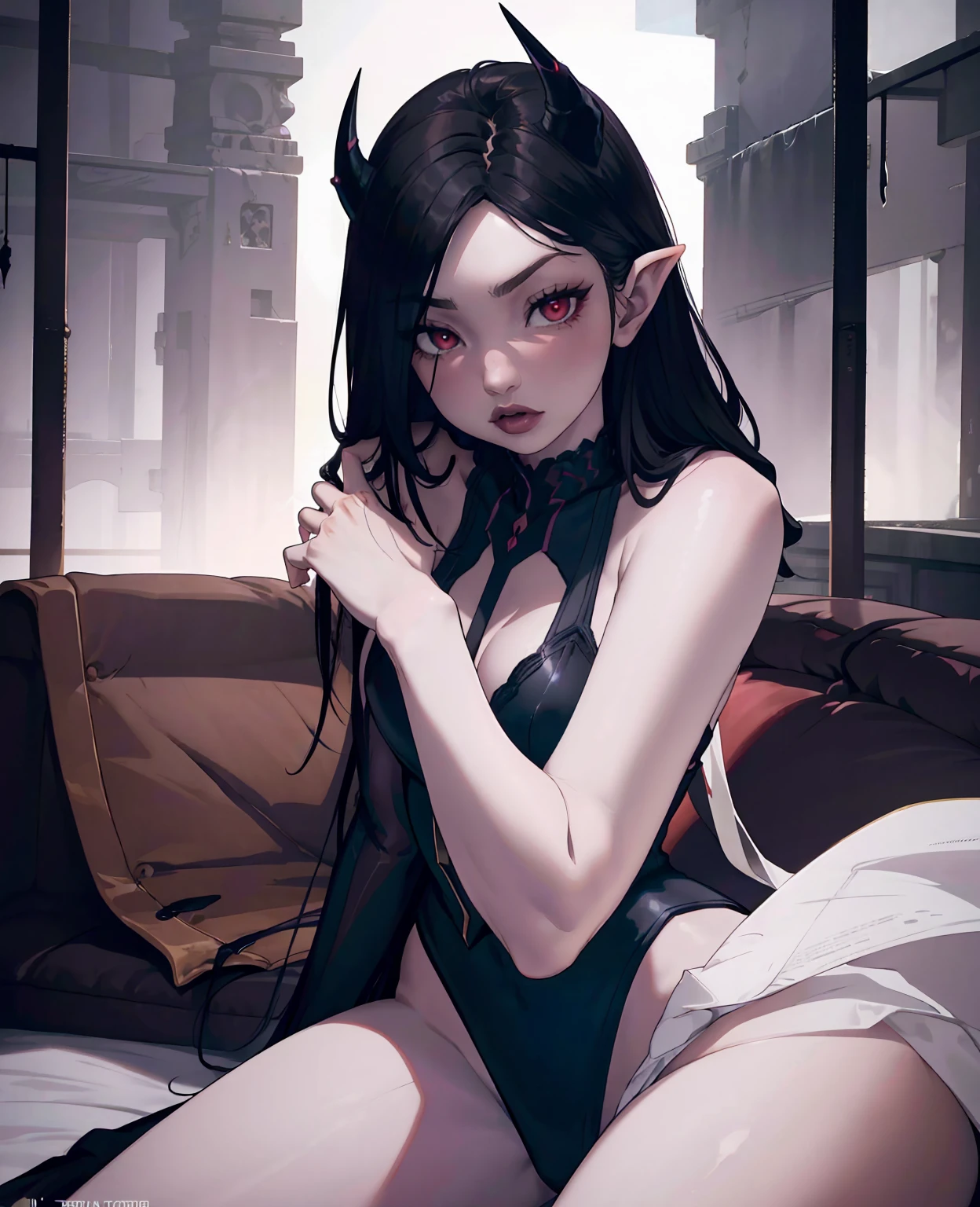 a devilish woman with black hair, pale skin, and red eyes, wearing an elf-like costume, in a dark and mysterious setting, 1girl, intricate details, dramatic lighting, dark fantasy, gothic, occult, ethereal, moody, cinematic, hyper detailed, photorealistic, 8k, highres, masterpiece, (best quality:1.2), (realistic:1.37), chiaroscuro, cinematic lighting, dramatic shadows, dark atmosphere, eerie, unsettling, mystical, eldritch, otherworldly, sinister, ominous, haunting, bewitching, alluring, captivating, compelling