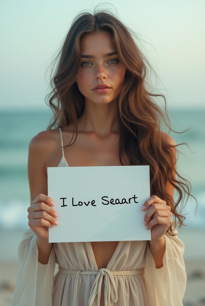 Beautiful girl with wavy long hair, bohemian dress, holding a white board with text "I Love Seaart Infinity" and showing it to the viewer