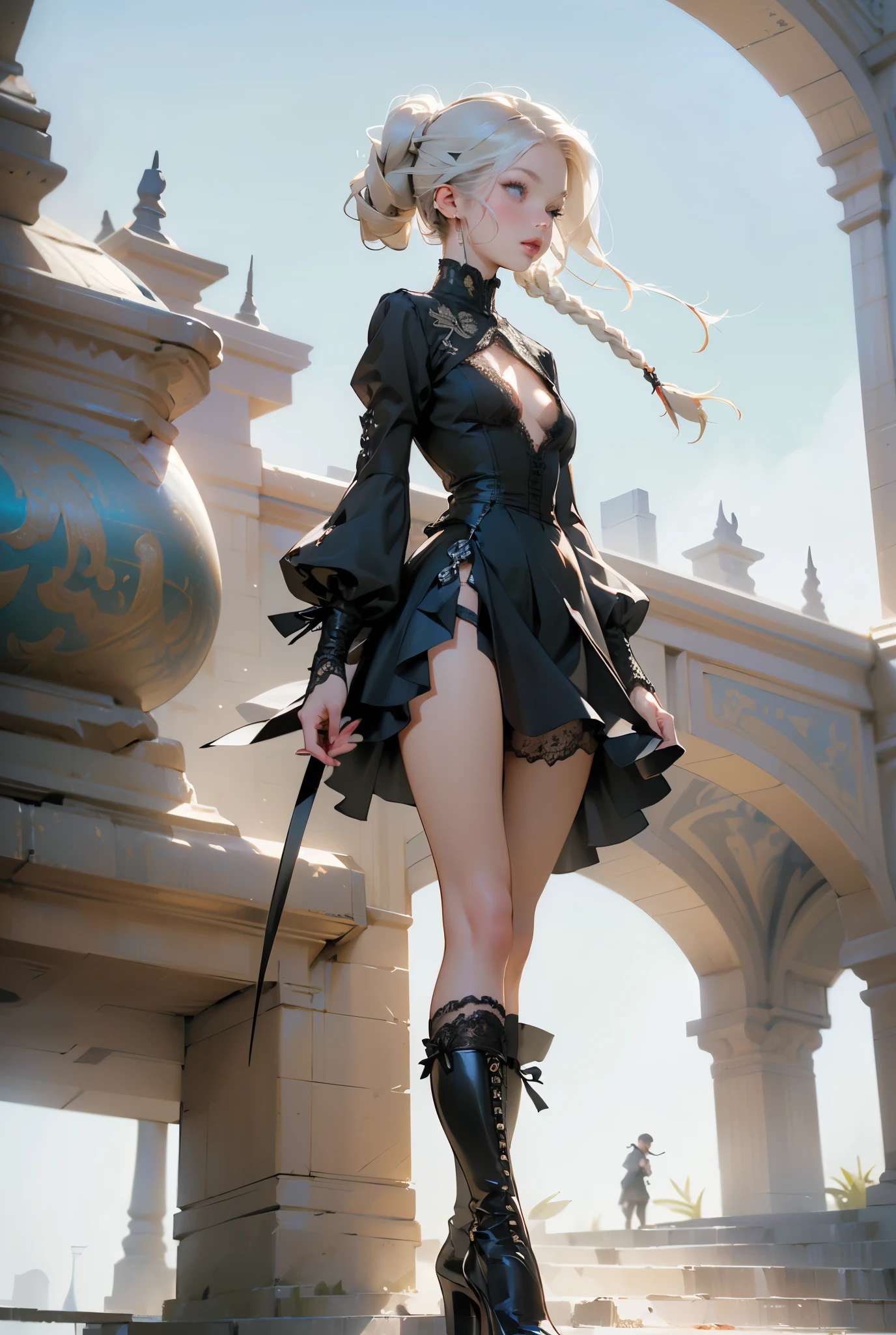 (((masterpiece, of the highest quality, super detailed))), (a female knight of an occult order), (an occult saint), (combat pose), (ready for combat), (resolved expression), (resolute expression), (((floating sword, nier automata))), (Edwardian/Victorian era inspired), ((minimal but intricate beautiful armour)), (big forhead:1.2),extremely detailed cute anime face, (((flat chest))), ((flat chest:1.1)), ((((long twin braids,tight braids,long braid,braided hair,long hair)))), ((ponytail, thick ponytail, heavy ponytail)),  ((Fluttering lace flared dress with frilly petticoats)), ((((Highly detailed face))), (((Very sharp focused eyes))), very long eyelashes, ((small breasts)), (((flat chest:1.1))), occult aesthetic, (red and white clothing detailed and intricate steampunk and detailed gothic), (with a hood), complex lace boots, (full body)